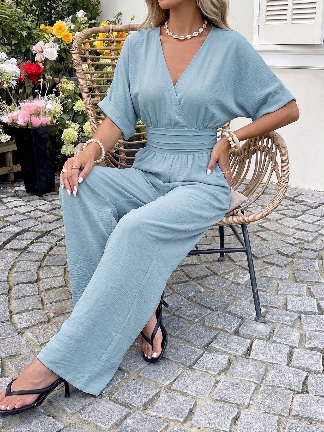 Elegant V Neck Wide Leg Jumpsuit