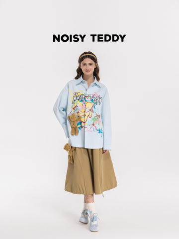 Oversized Graphic Teddy Bear Button Shirt
