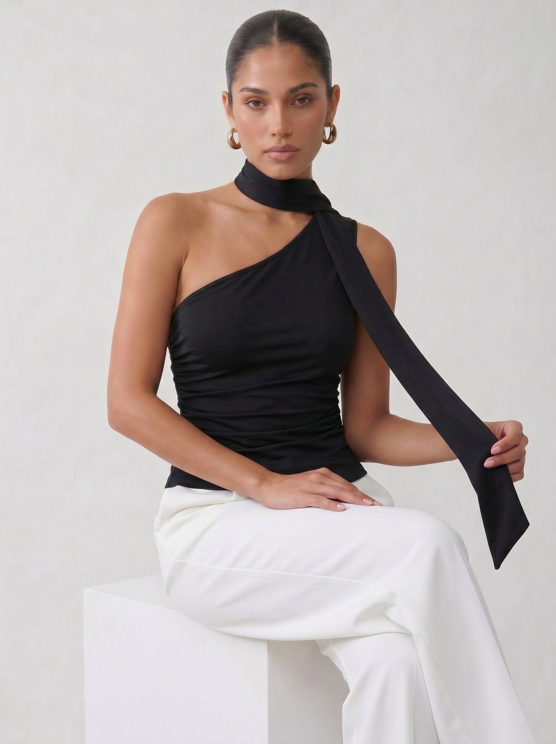 Ruched One Shoulder Scarf Tank Top