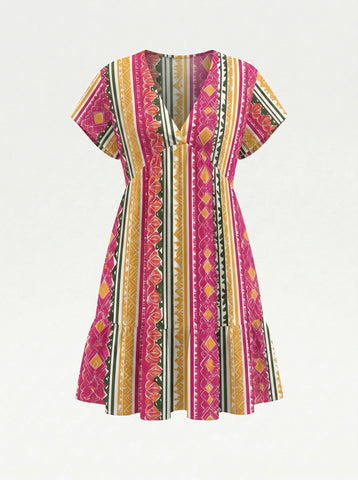 Floral Print V Neck Tiered Babydoll Mini Dress