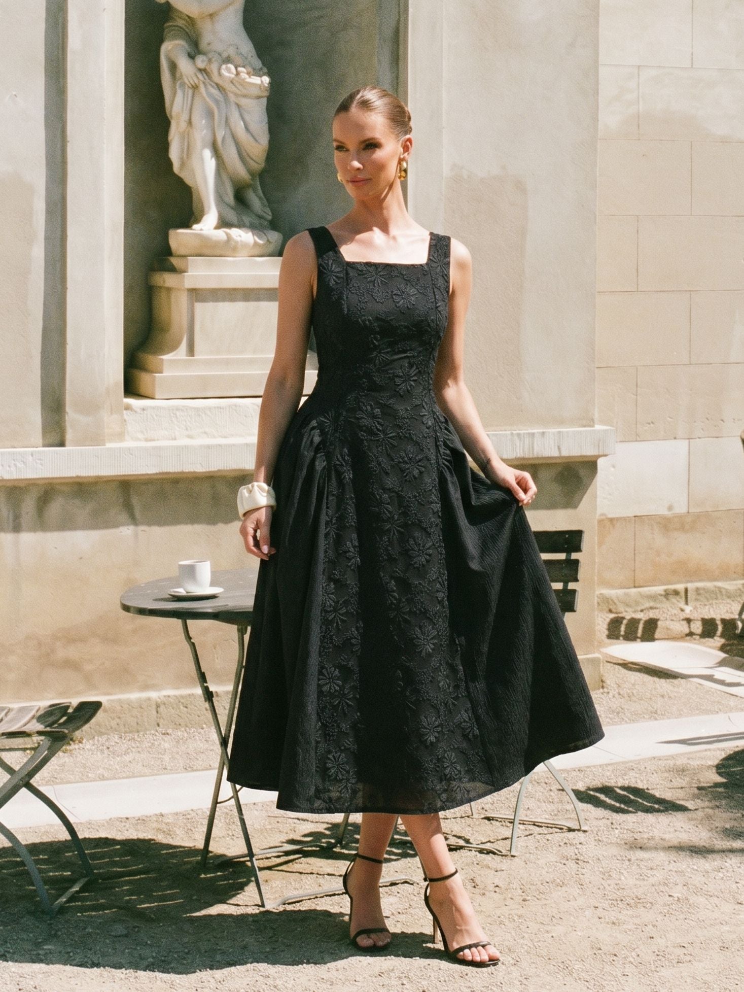 Elegant Embroidered Square Neck Midi Dress
