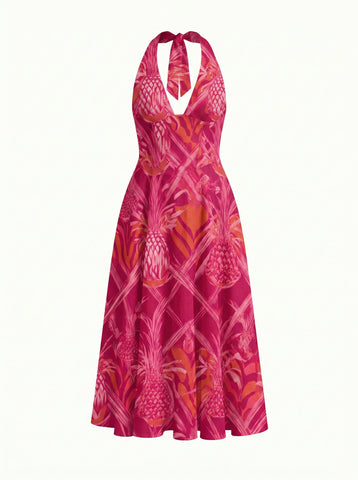 Floral Print Halter Neck Tie Back Midi Dress