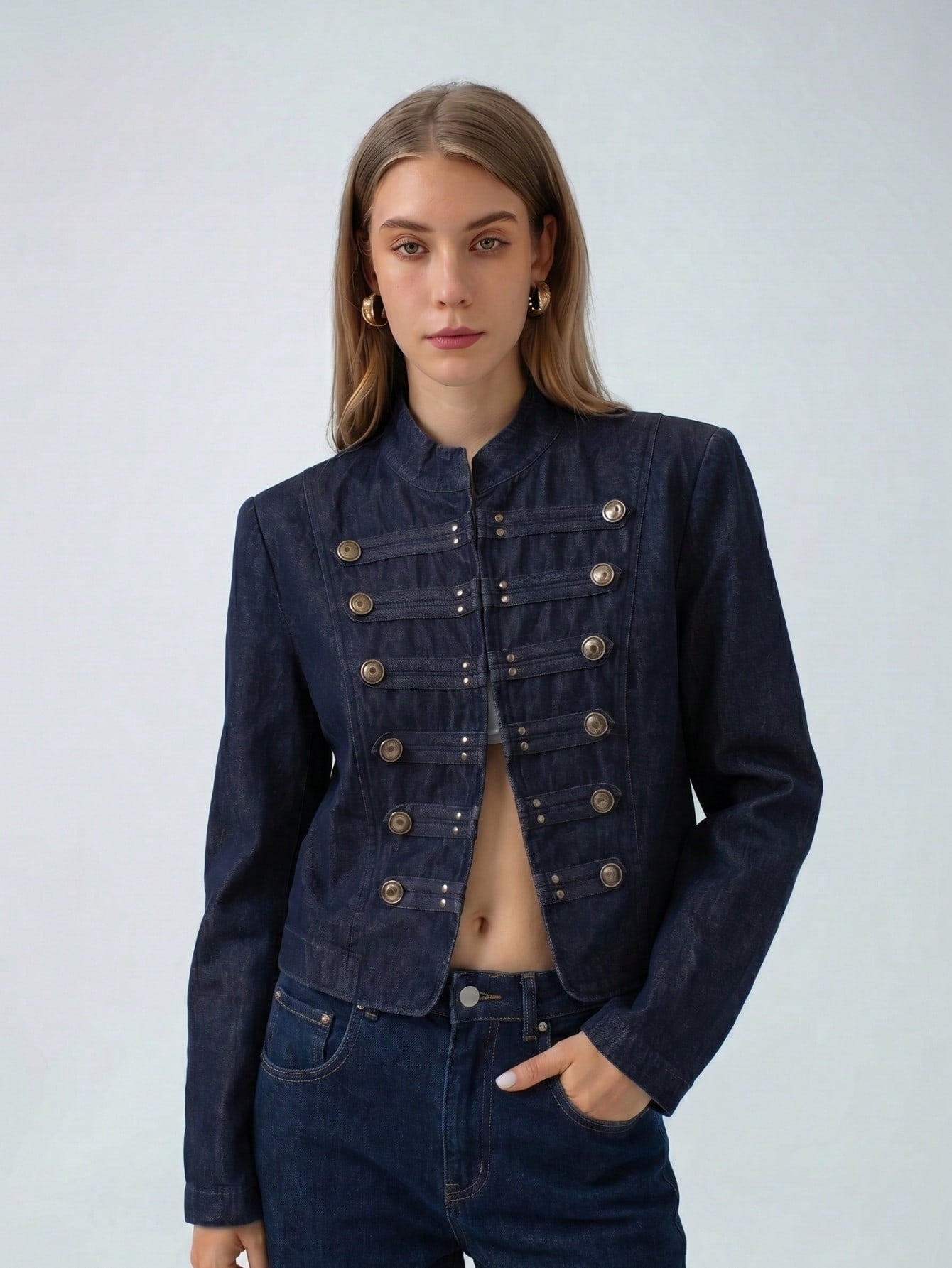Military Inspired Cropped Denim Jacket