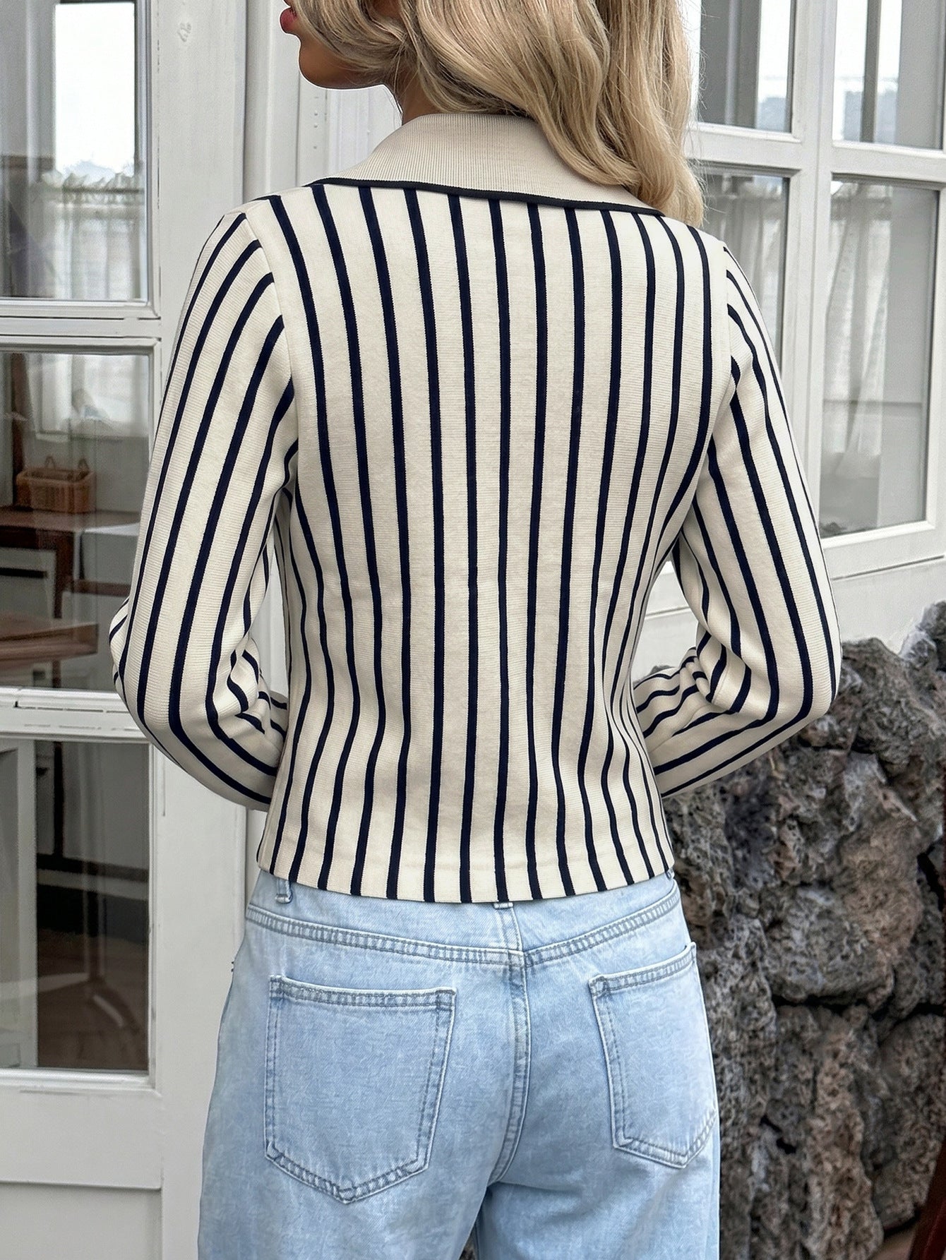 Elegant Striped Collared Knit Cardigan