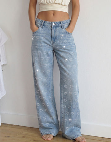 Rhinestone Heart Print Wide Leg Jeans