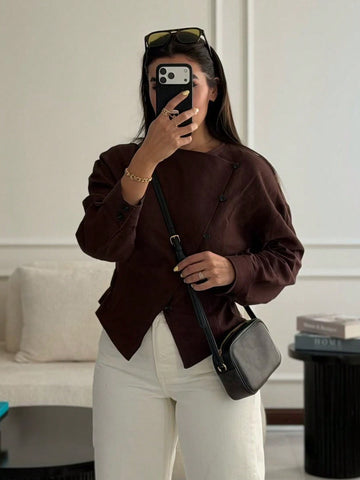 Asymmetric Button Linen Blend Jacket