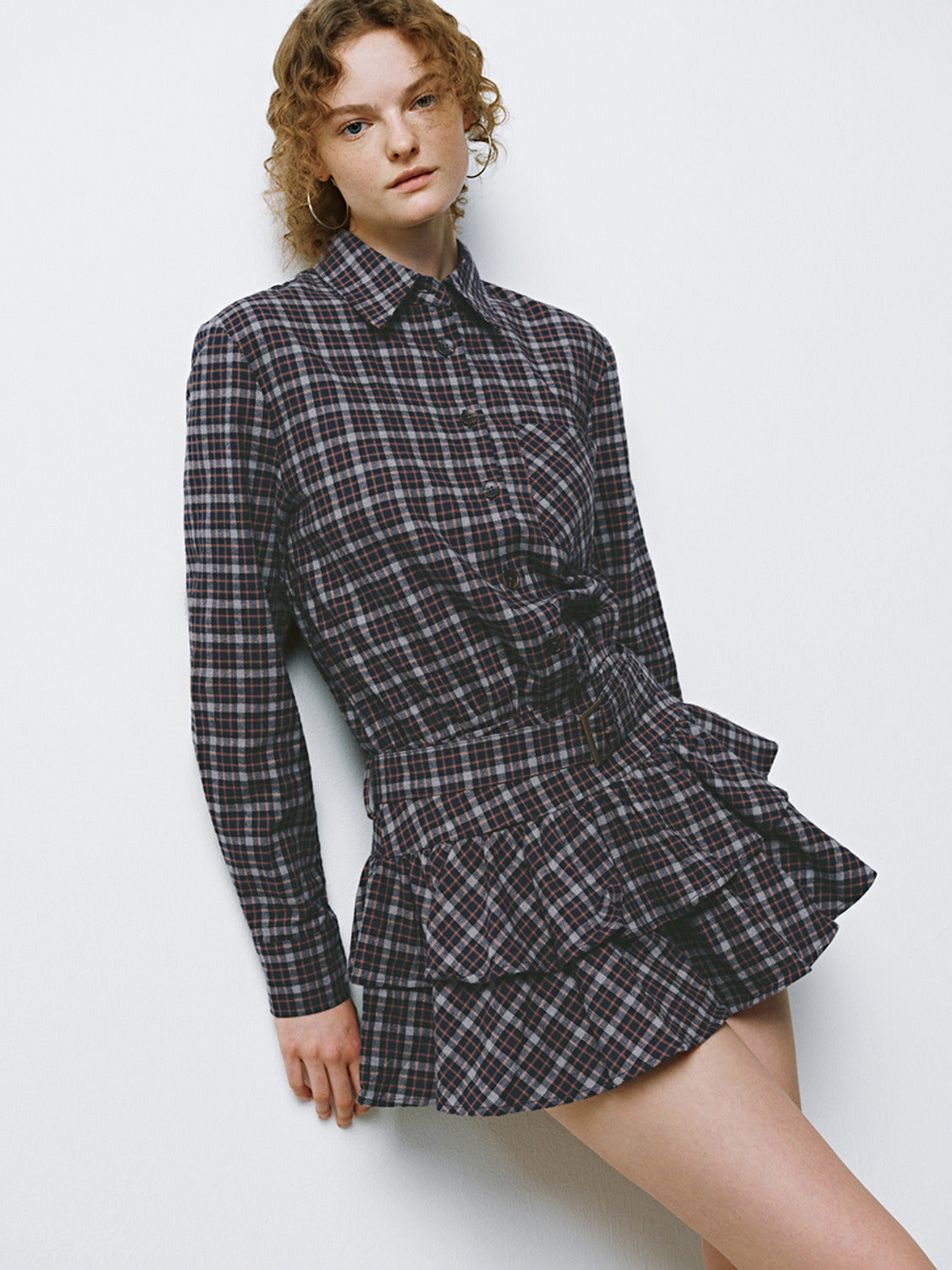 Urban Revivo Plaid Pleated Skater Dresses-Blue Check