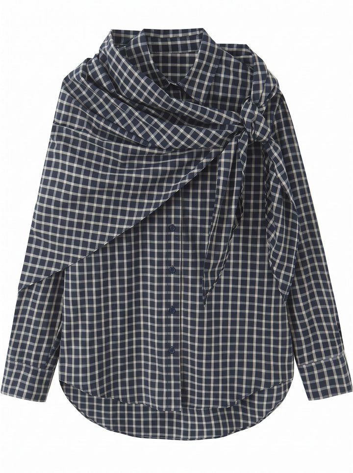 Draped Plaid Tie Front Button Shirt