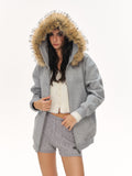 Faux Fur Hooded Rhinestone Jacket