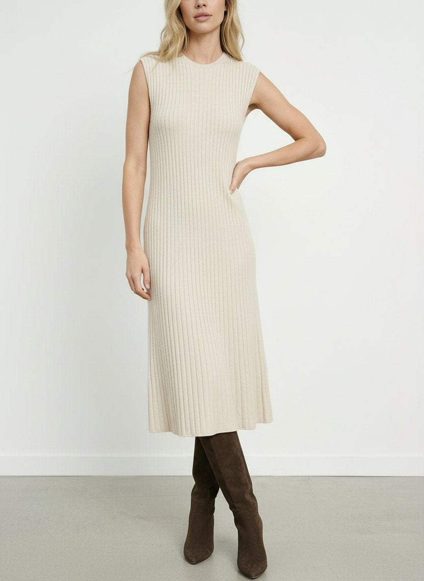 Solid Color Slim Fit Wool Knit Eleant Midi Dress-White
