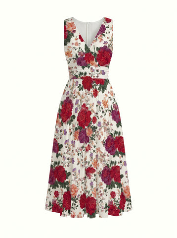 CORINNE
Floral Print V Neck A Line Midi Dress