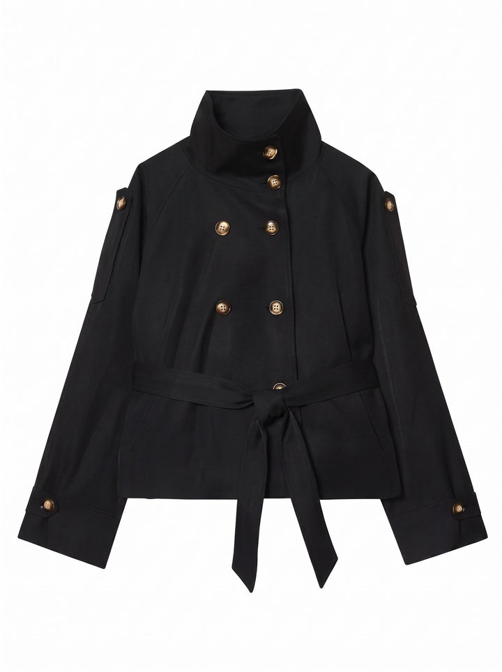 Cropped Belted Stand Collar Trench Coat