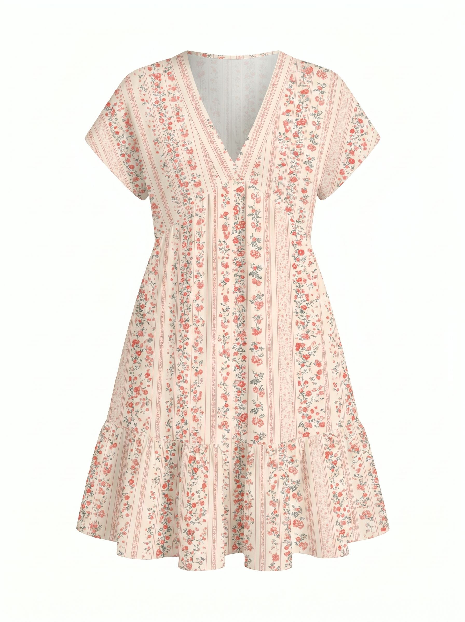 EVA Floral Print V Neck Tiered Babydoll Mini Dress