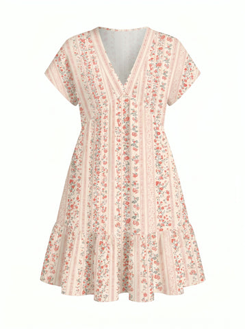 EVA Floral Print V Neck Tiered Babydoll Mini Dress