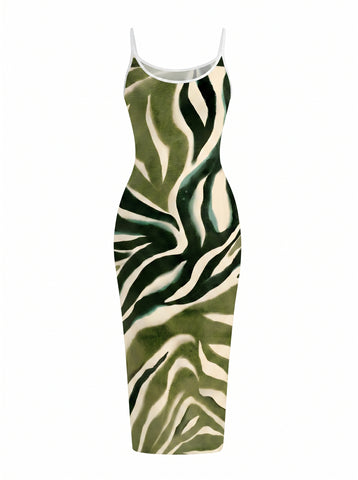 CAPRI Green Zebra Stripe Print Sleeveless Bodycon Midi Dress