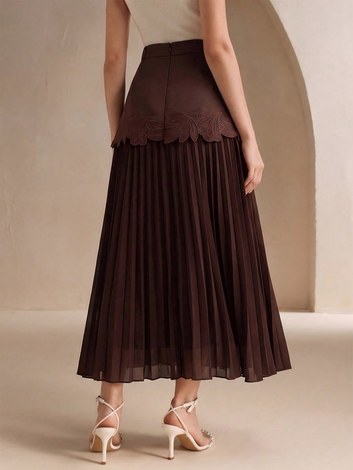 Embroidered High Waisted Pleated Midi Skirt