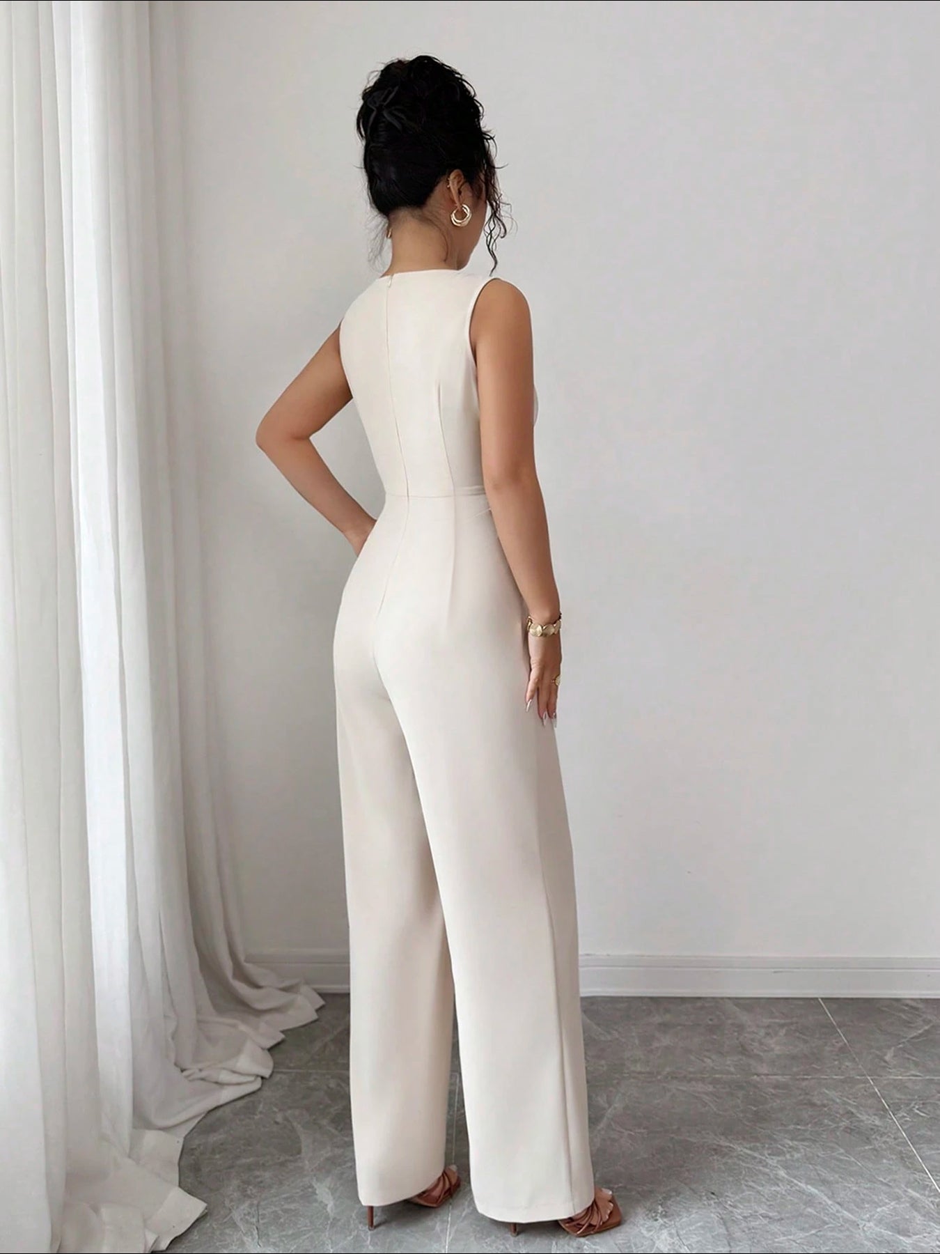 Sleeveless Belted Wide-Leg Modern Jumpsuit-Apricot