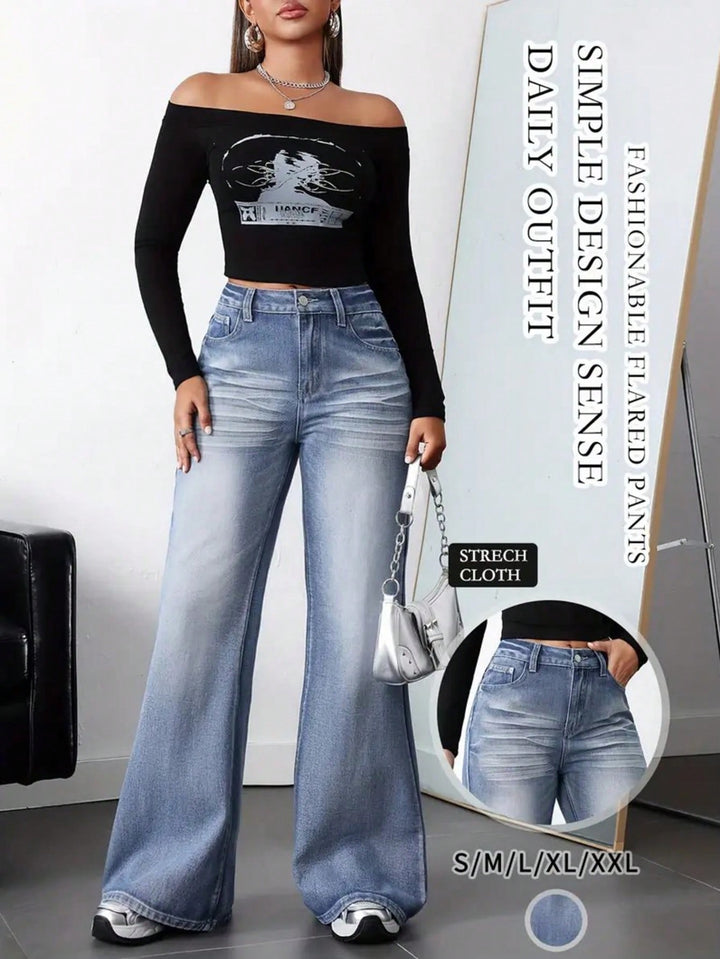 High Waisted Vintage Wash Wide Leg Jeans