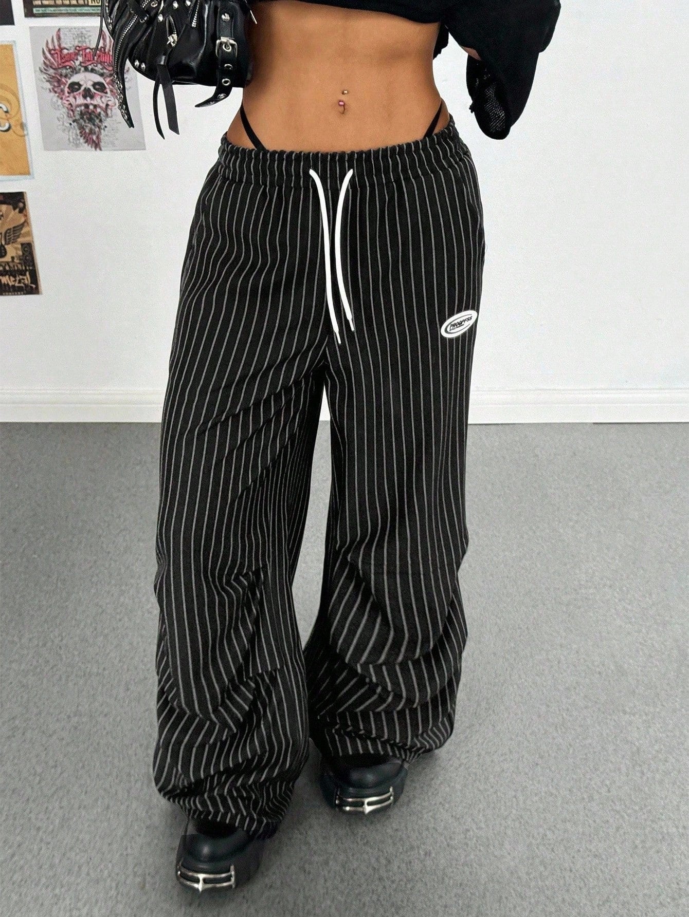 Pinstripe Drawstring Baggy Wide Leg Pants