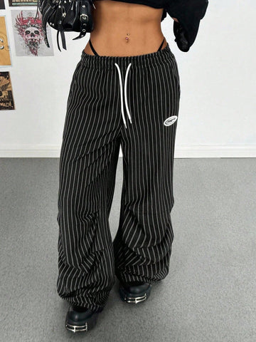 Pinstripe Drawstring Baggy Wide Leg Pants