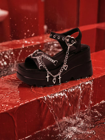 Heart-Strap Platform Edgy Sandals-Black
