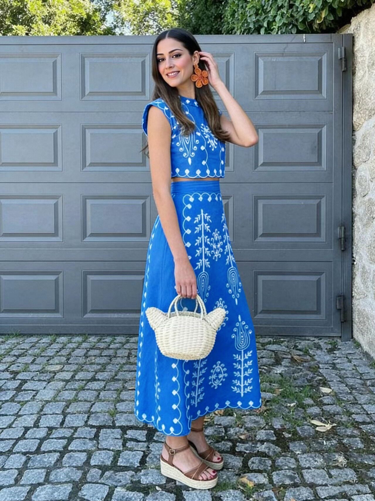 Embroidered Blue Two Piece Midi Skirt Set