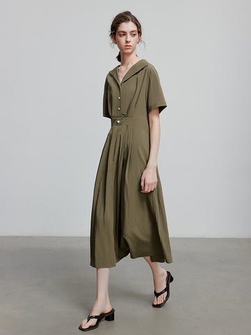 Short Sleeve Pleated Elegant Midi Dress