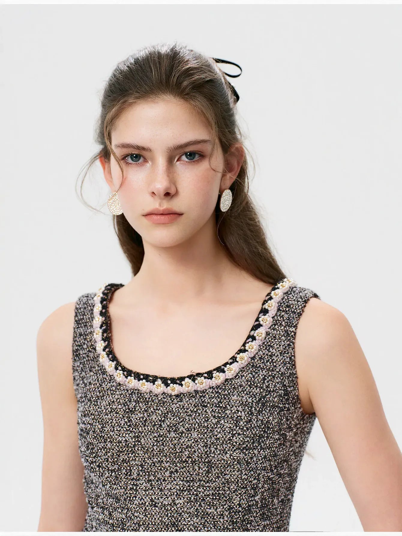 Feather Trim Tweed Mini Dress