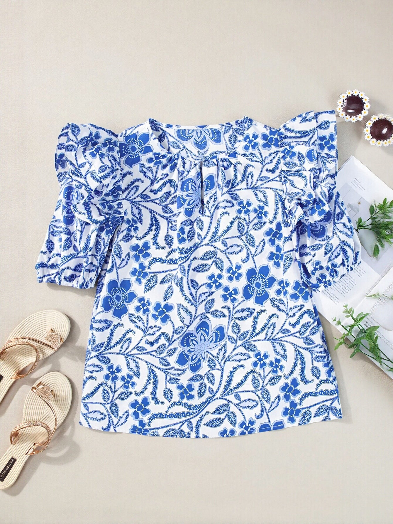 Blue Floral Puff Sleeve Blouse
