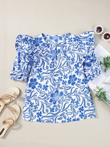 Blue Floral Puff Sleeve Blouse