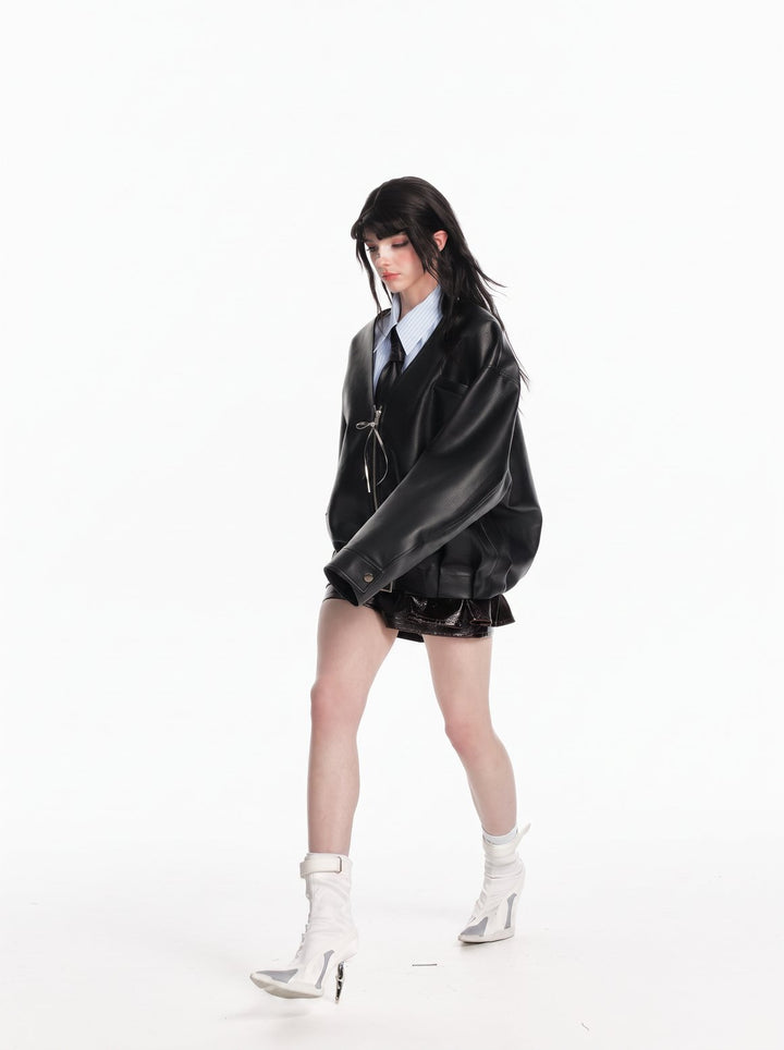 Oversized Faux Leather Belted Jacket