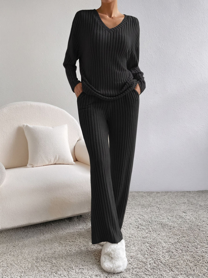 Cozy Ribbed V Neck Lounge Set