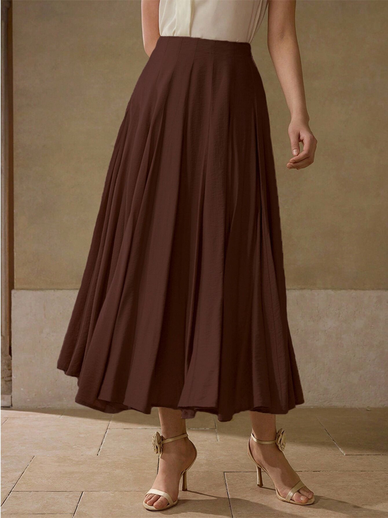 High Waisted Flowy Midi Skirt