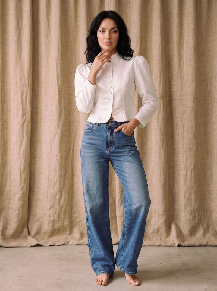 Puff Sleeve Fitted Button Down Shirt