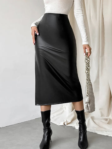 High Slit Faux Leather Midi Skirt
