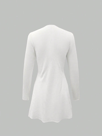Elegant Gold Button Ribbed Sweater Dress