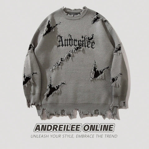 Distressed Oversized Graphic Knit Sweater