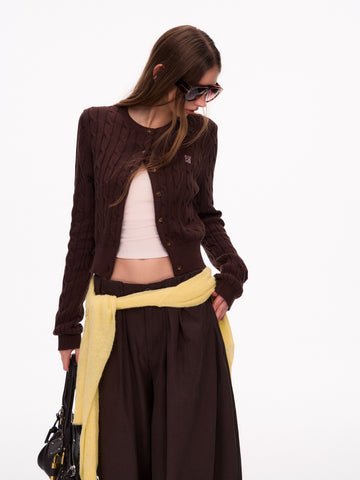 Cropped Embroidered Cable Knit Cardigan