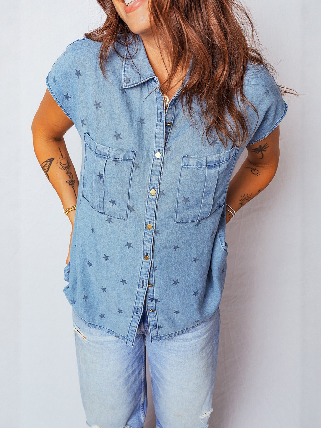 Star Print Button Down Denim Shirt