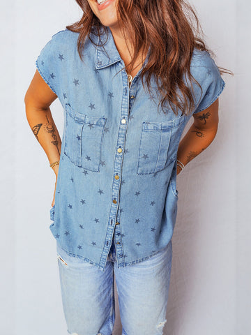 Star Print Button Down Denim Shirt