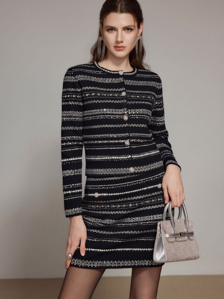 Shimmer Striped Crewneck Knit Cardigan