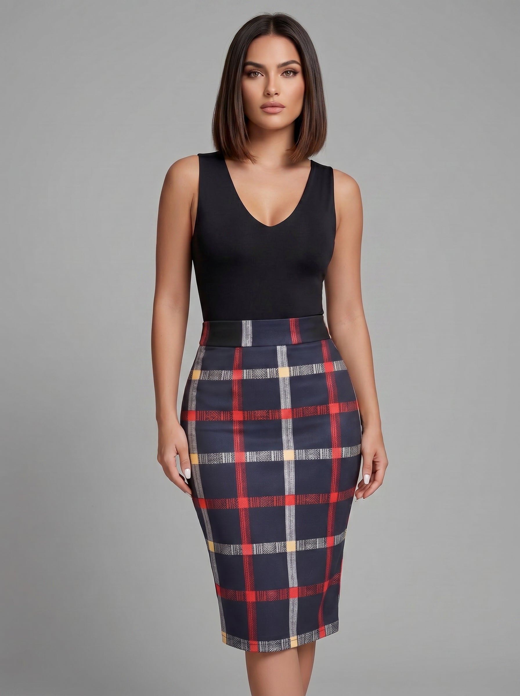 High Waisted Plaid Pencil Skirt