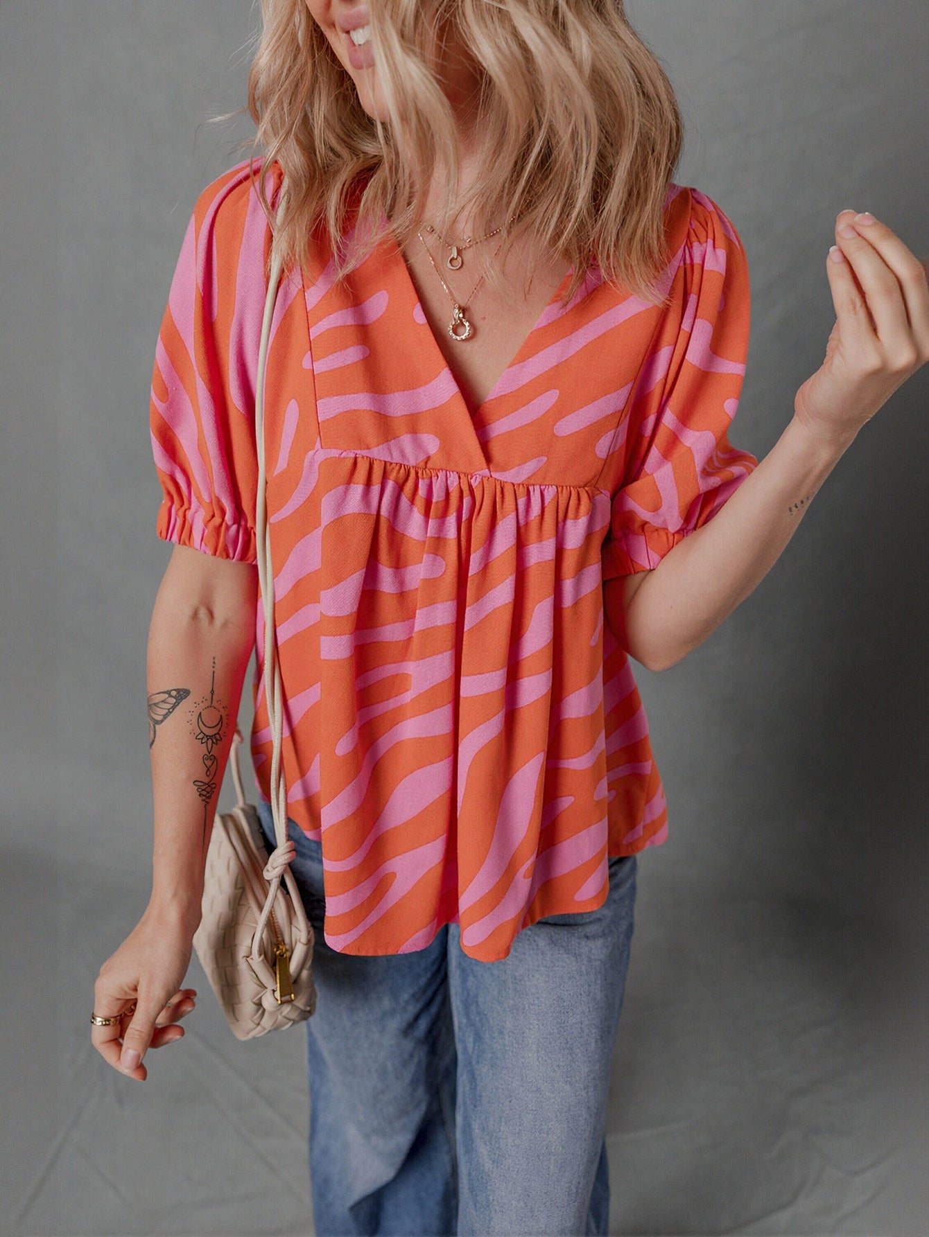Vibrant Print Puff Sleeve Chiffon Blouse