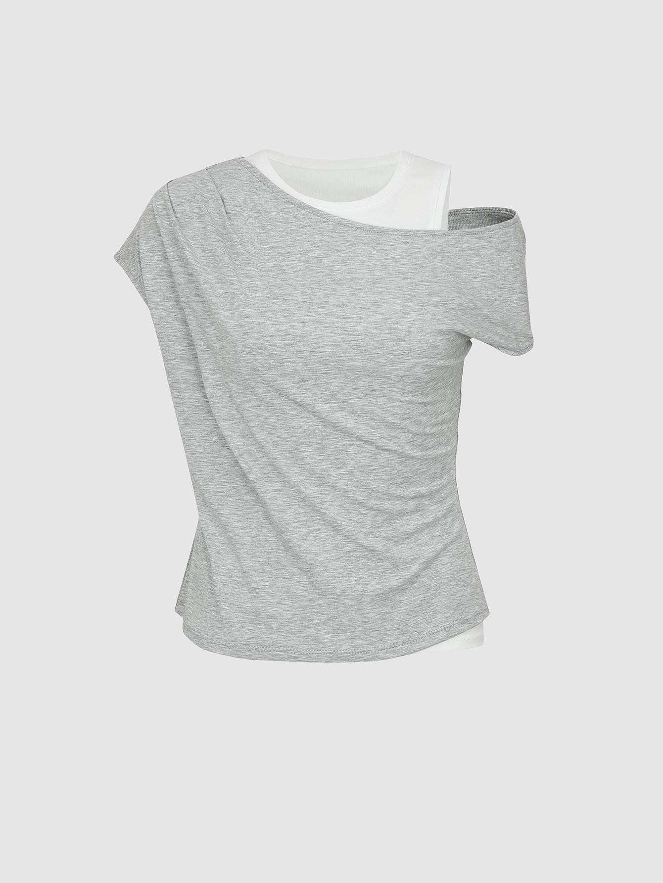 2 In 1 Contrast Asymmetric Draped T-Shirt