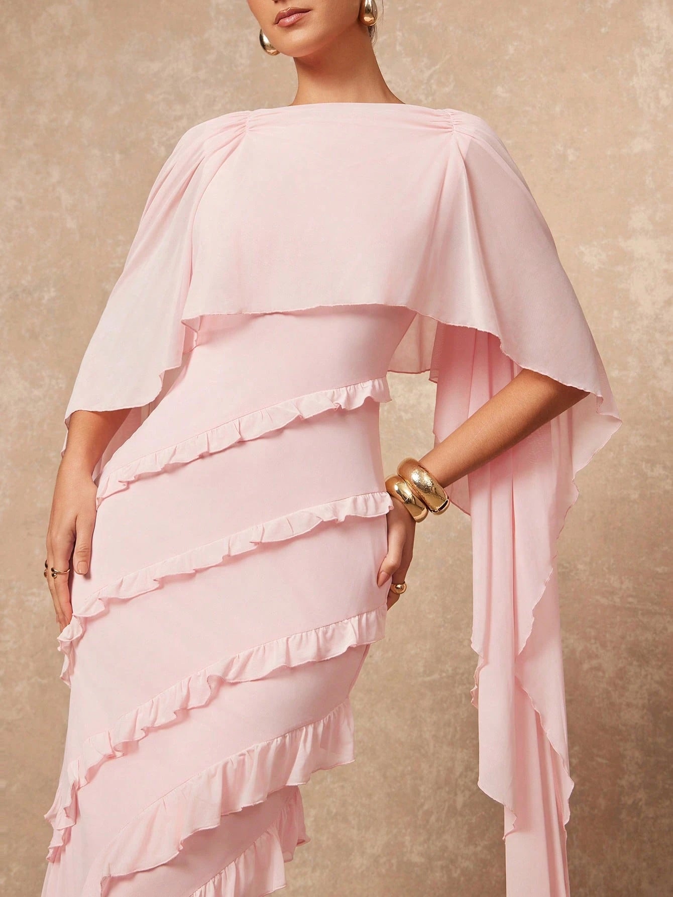 Elegant Ruffled Cape Sleeve Midi Dress