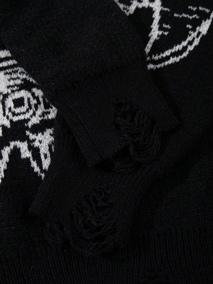 Oversized Graphic Distressed Knit Sweater