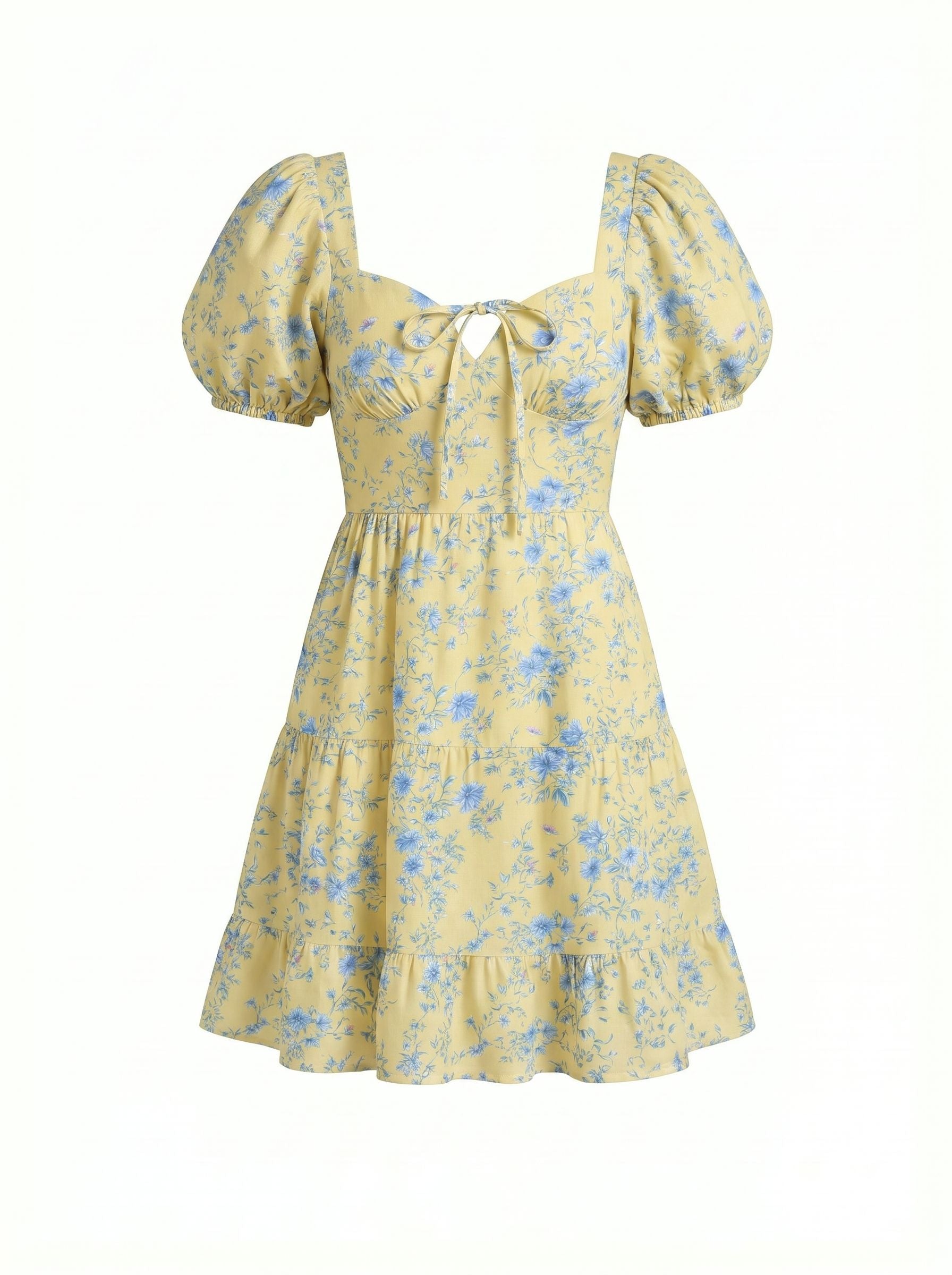 AYLA Porcelain Yellow Wildflower Puff Sleeve Tiered Mini Dress