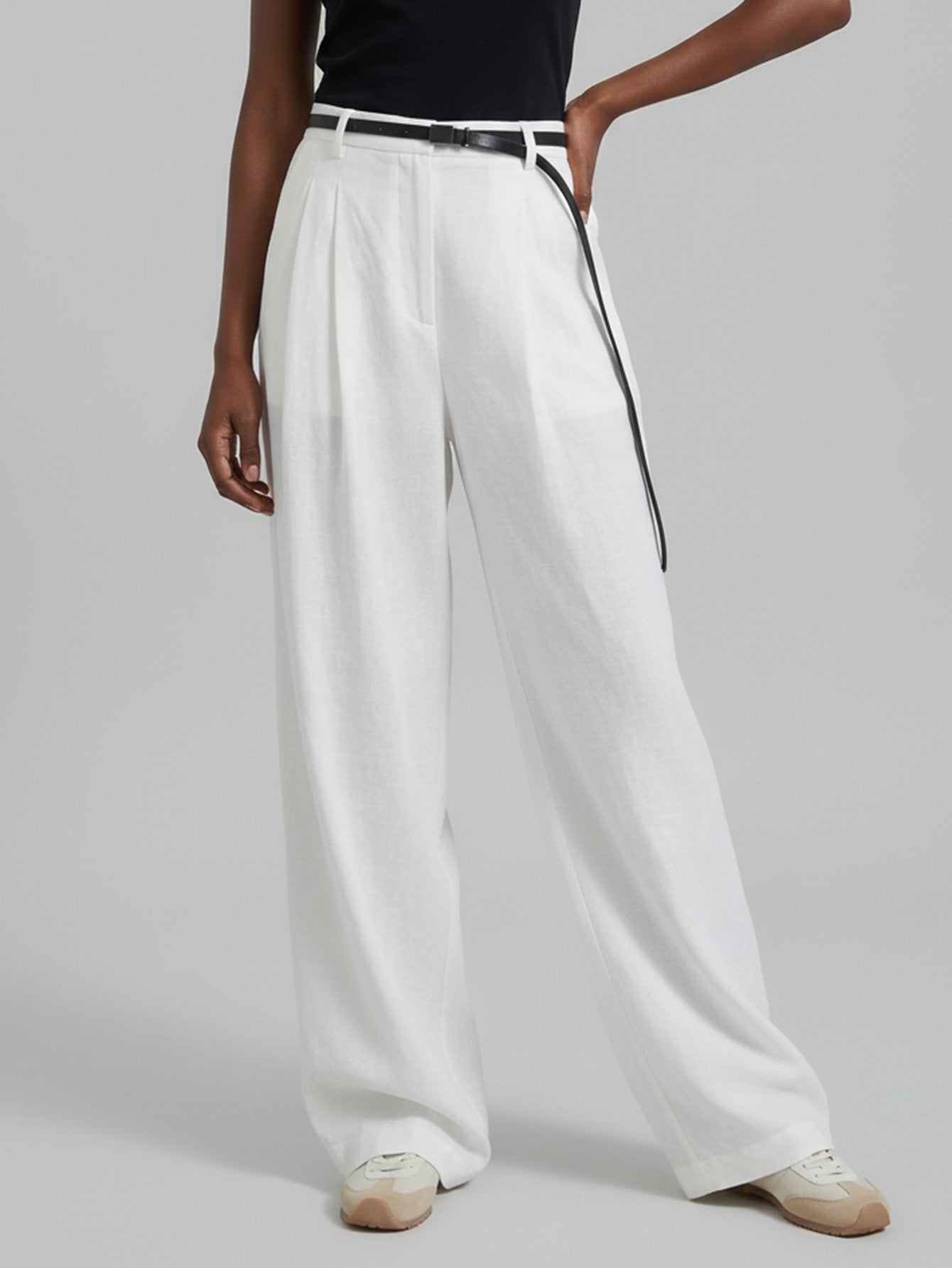 Belted Linen Straight Pants