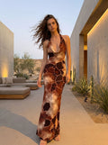 LILA Abstract Giraffe Print Cowl Neck Bodycon Maxi Dress
