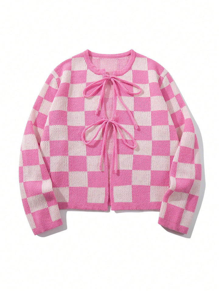Cute Checkered Tie Front Cardigan